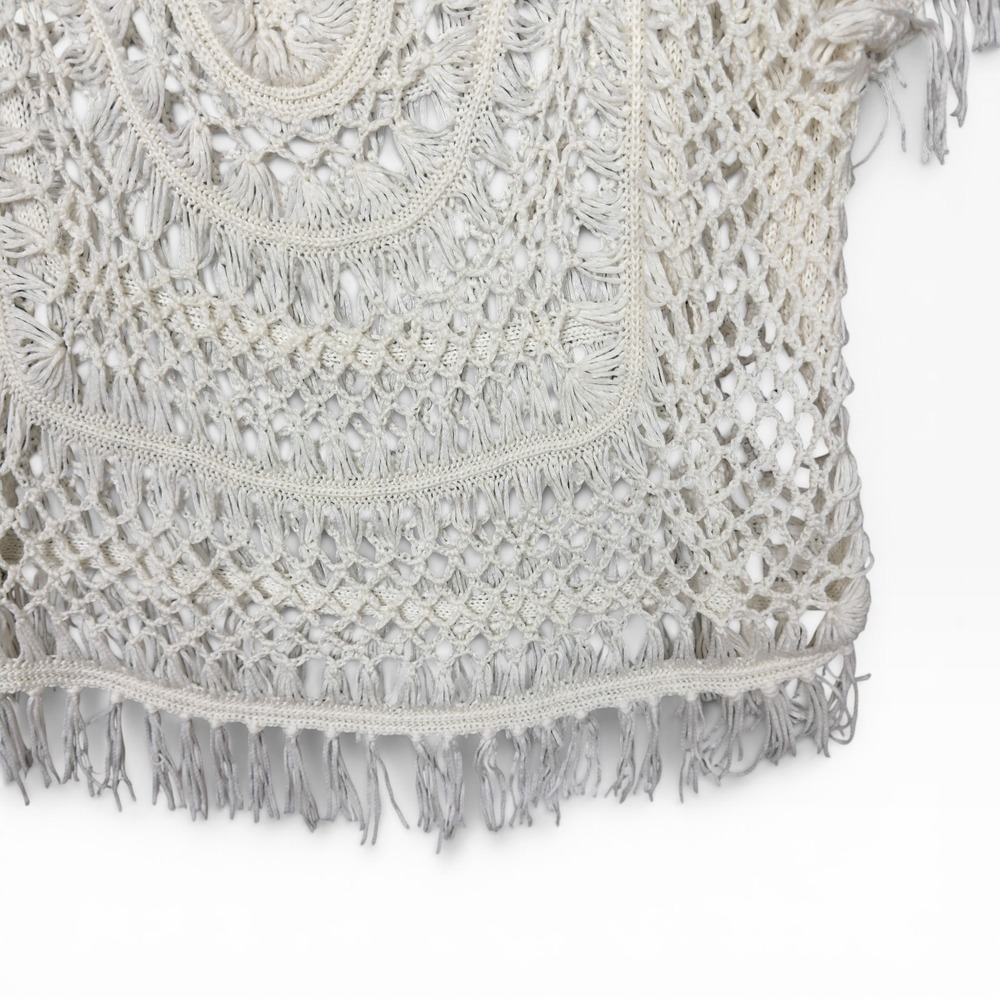 Crochet Macrame Poncho Top Cover Up Large Cream Fringe Boho Hippie Open Knit - Picture 6 of 9